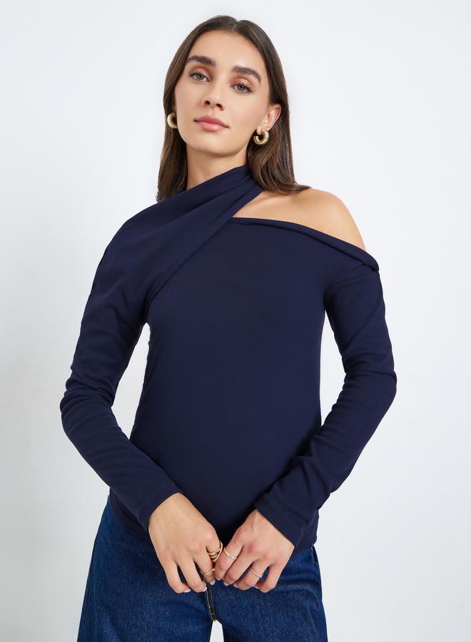 Styli Women Navy Blue One Shoulder Knit Top - Image 1